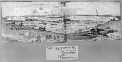 The battle of Groveton or Second Bull Run. Between the Union army commanded by Genl. Pope and the Confederate army under Genl. Robert E. Lee. Sketched from Baldface Hill, looking towards the village of Groveton]