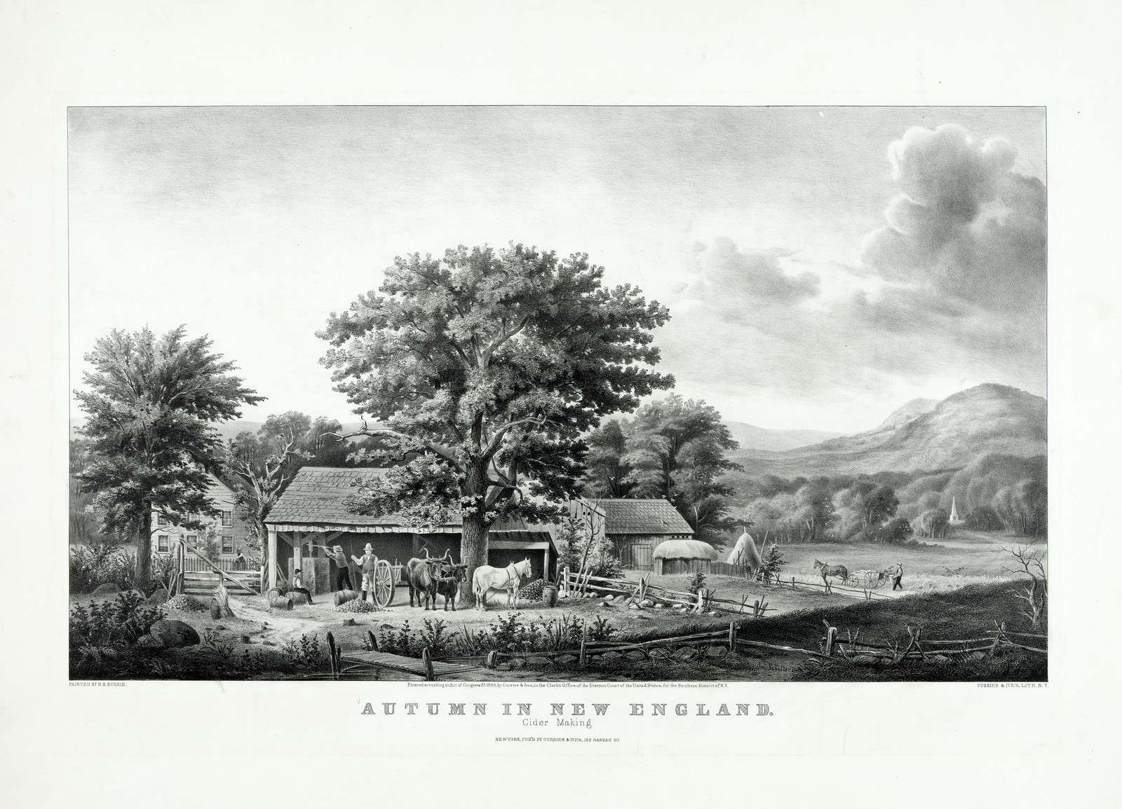 Autumn in New England: Cider Making lithograph — antique lithograph