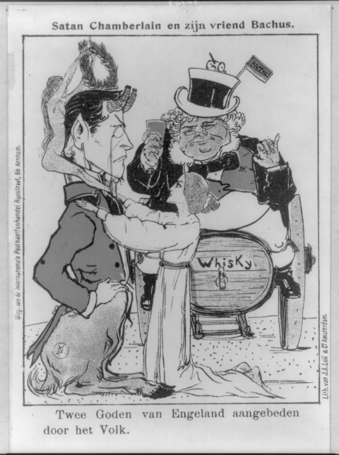 [Dutch cartoon showing Joseph Chamberlain as Satan and John Bull as Bacchus] — antique lithograph