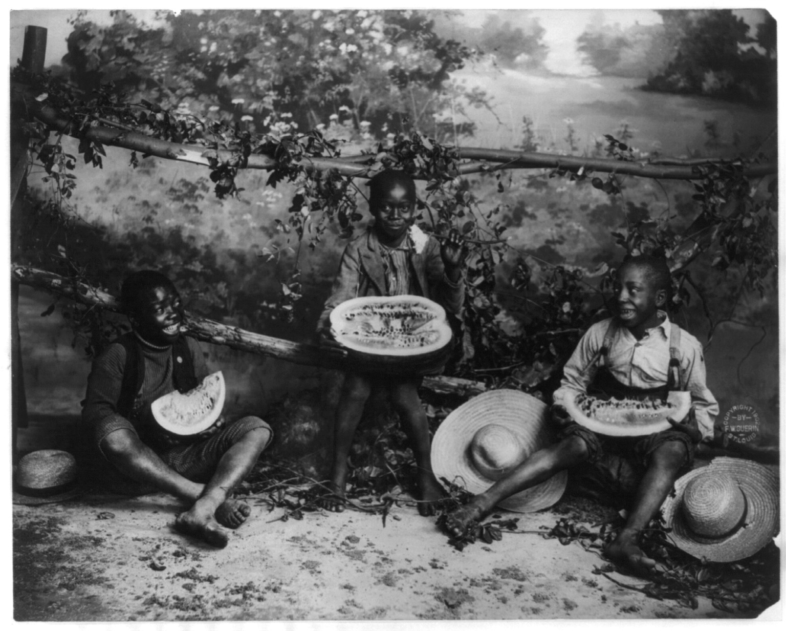 [3 African American boys eating watermelon], c1902. — historic photograph