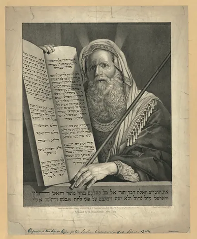 Moses holding the Ten Commandments tablets, engraved portrait