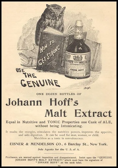 Advertisement for Johann Hoff's Malt Extract with an owl