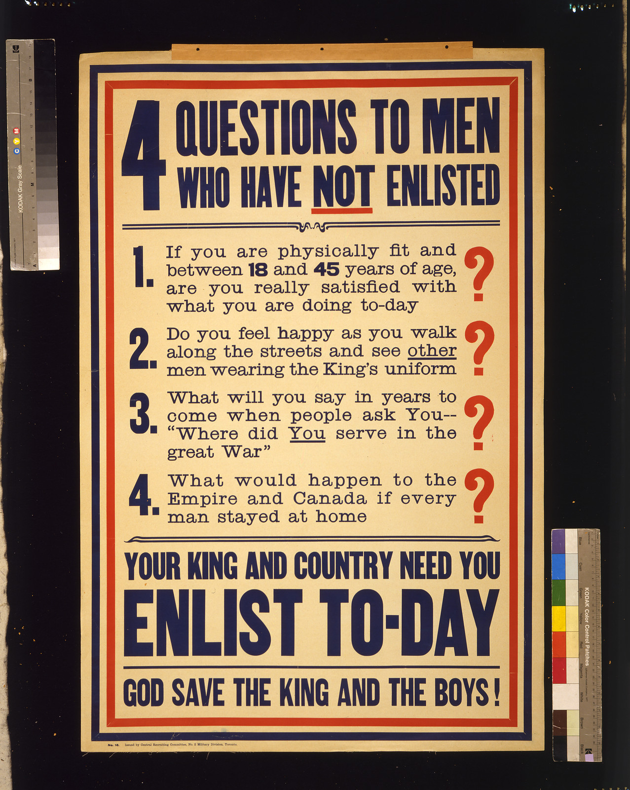 4 Questions to Men Who Have Not Enlisted, 1915 — historic image