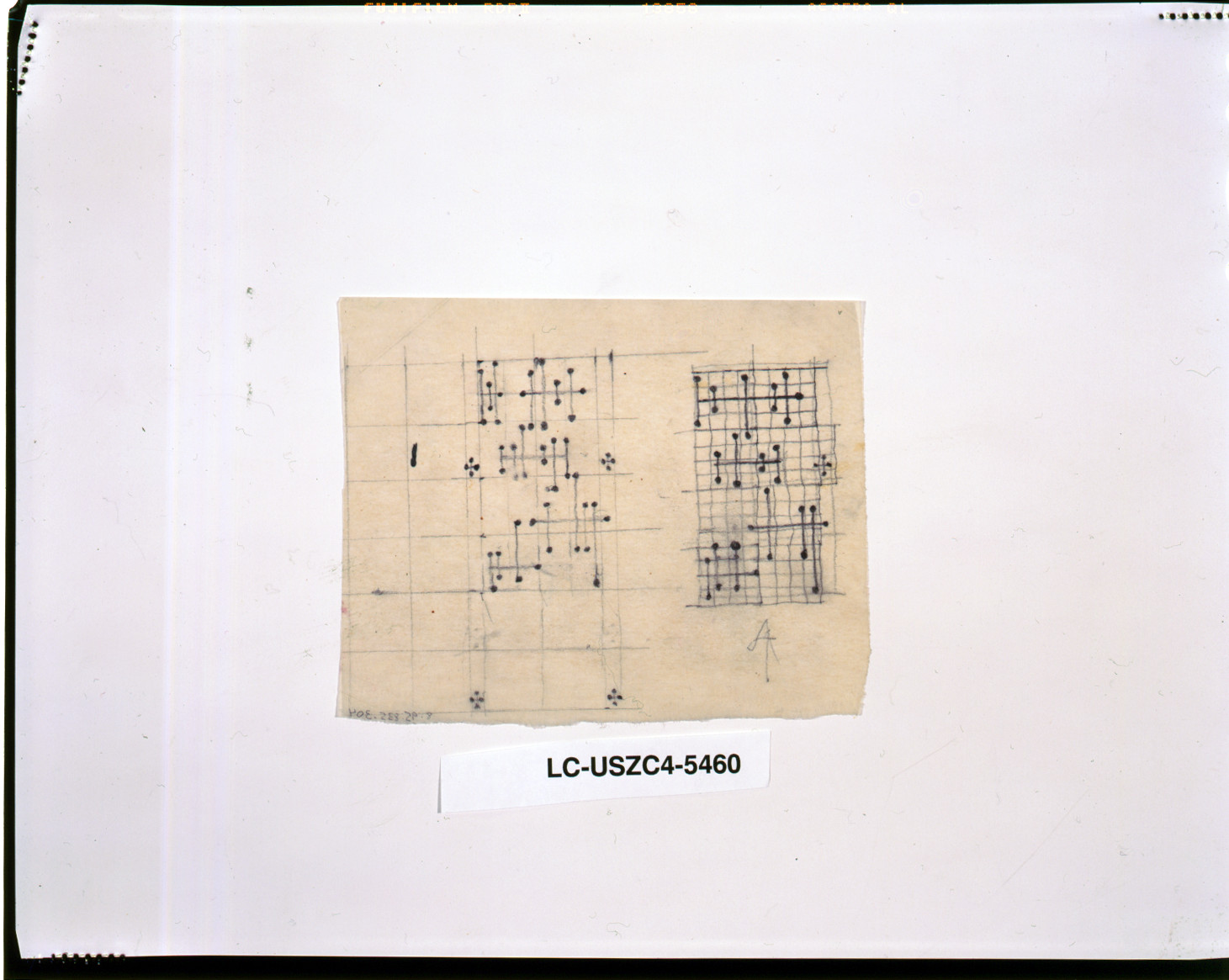 Pencil grid sketch with dots on tan paper — historic image