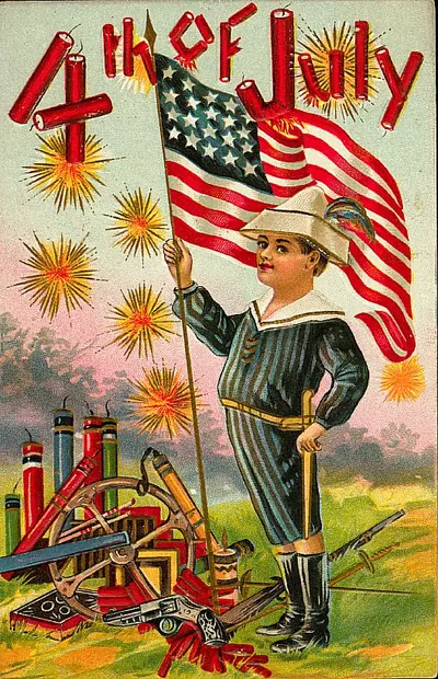Fourth of July postcard with boy, flag and fireworks