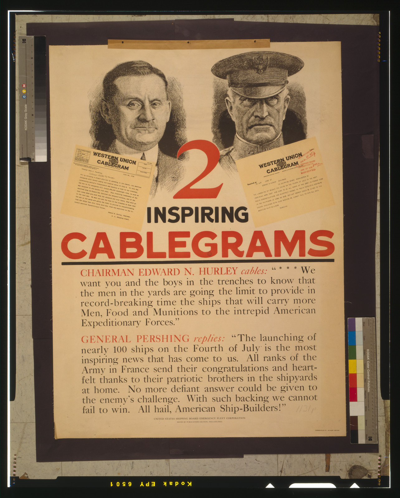 2 inspiring cablegrams / Krieg Hoff ; Thomsen-Ellis Co., Baltimore, New York., Philadelphia : United States Shipping Board Emergency Fleet Corporation, 1918. — vintage poster