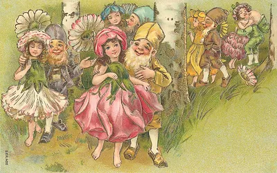 Children in flower fairy costumes walking with gnomes and elves