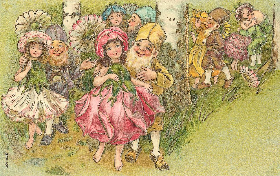 Children in flower fairy costumes walking with gnomes and elves — historic image