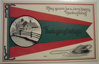 Thanksgiving Greetings postcard with pennant, farmhouse and turkey