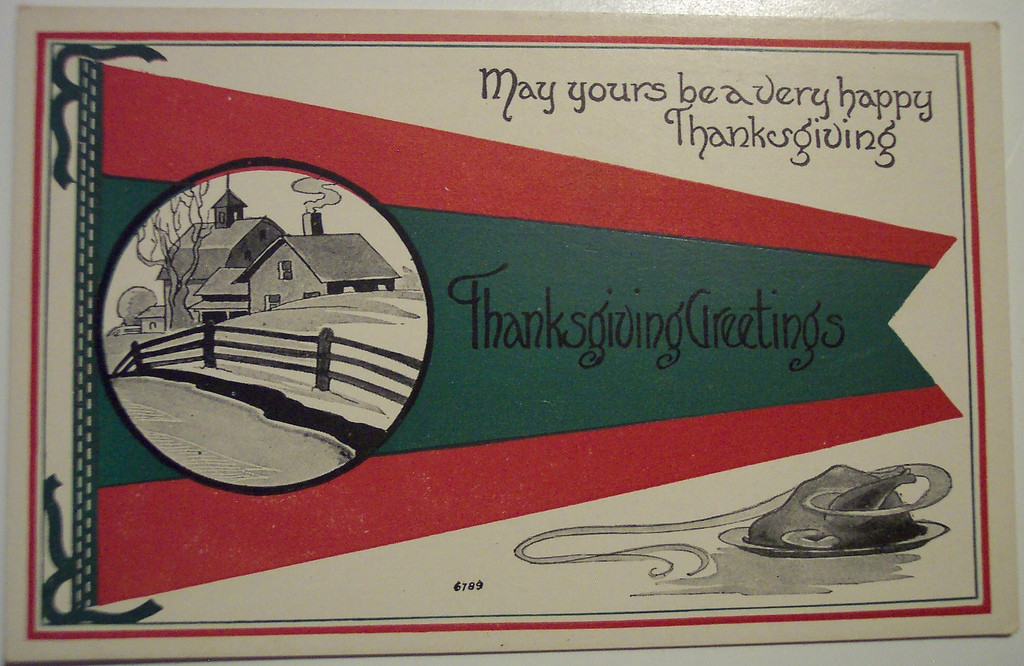Thanksgiving Greetings postcard with pennant, farmhouse and turkey — vintage postcard