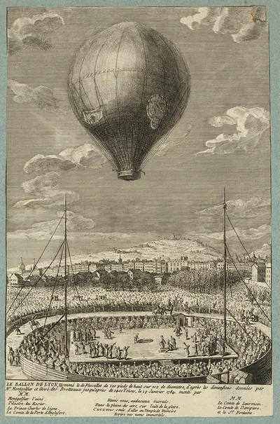 Le ballon de Lyon, engraving of a balloon over Lyon