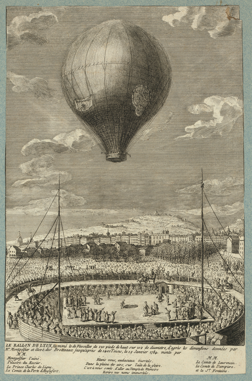 Le ballon de Lyon, engraving of a balloon over Lyon — antique engraving