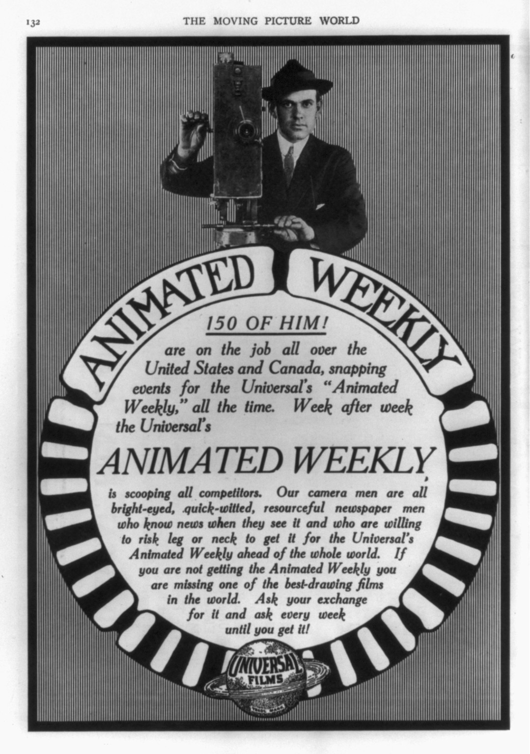 [Adv. for Universal Films' Animated Weekly showing news cameraman], 1914 — historic print