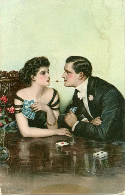 Illustrated postcard of couple playing cards, man smoking