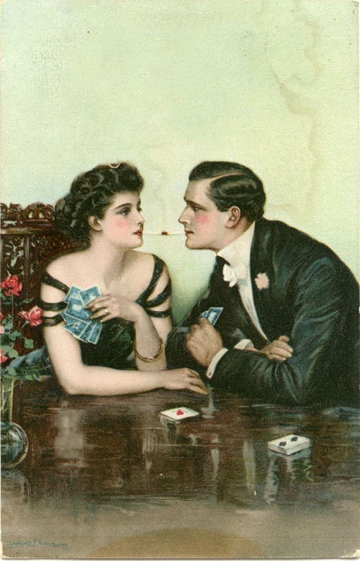Illustrated postcard of couple playing cards, man smoking — vintage postcard