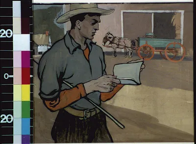 Man in hat reading a booklet beside a horse-drawn wagon