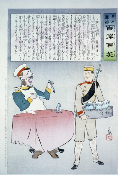 [A Russian officer sitting at a table is about to eat, but a Japanese soldier is taking the meal away, indicating a Japanese victory over Russian forces]