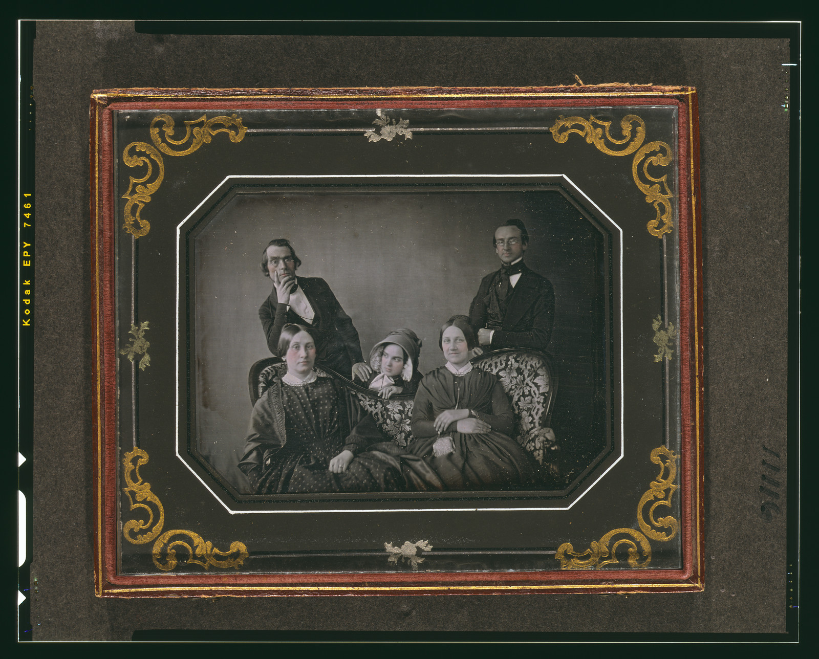 Daguerreotype group portrait of five people in gilt frame, 1840 — historic photograph