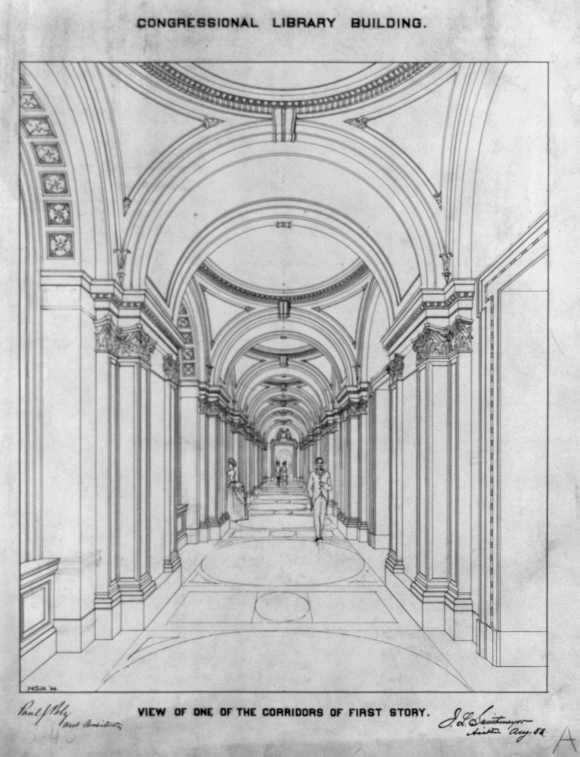 [Library of Congress, Washington, D.C. View of corridors of first floor], and Engineering (ADE) Drawings" (http://www.loc.gov/rr/print/res/103_ade.html)." — historic drawing