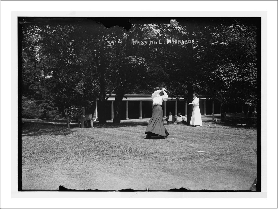 Miss M.L. Harrison, playing golf, Essex Country Club golf tournament, 5/26/08. — historic photograph