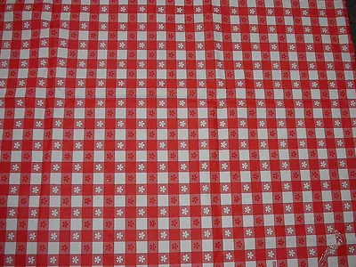 Red and white gingham tablecloth with small flower prints