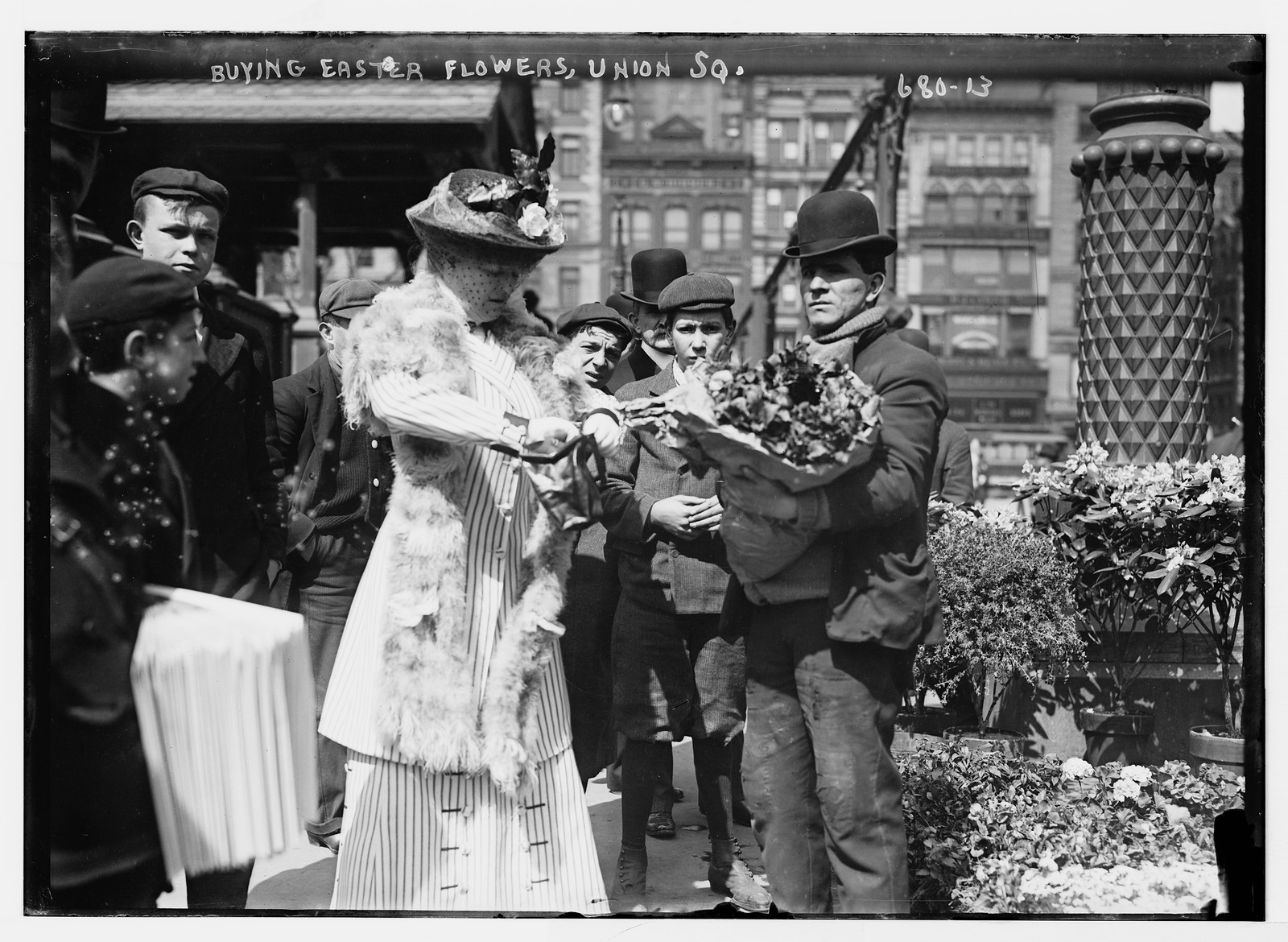 Buying Easter flowers in Union Square, New York, n/a — historic photograph