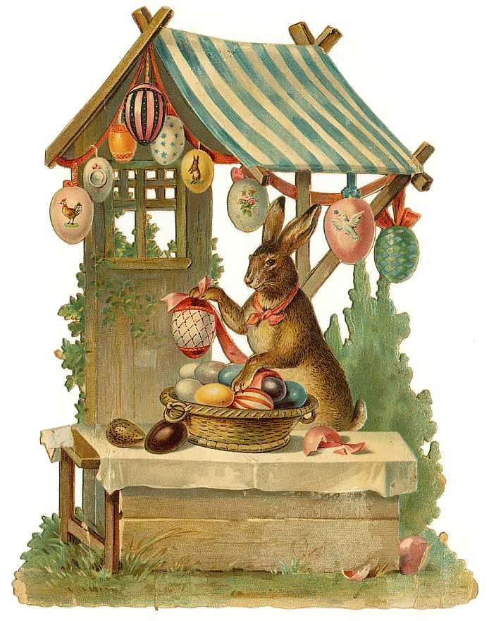Rabbit selling decorated Easter eggs at a striped stall — historic image