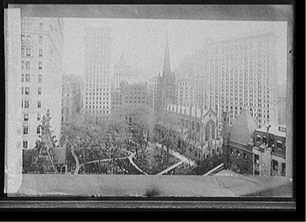 Sky scrapers overshadowing Trinity Church, New York, c1905. — historic photograph