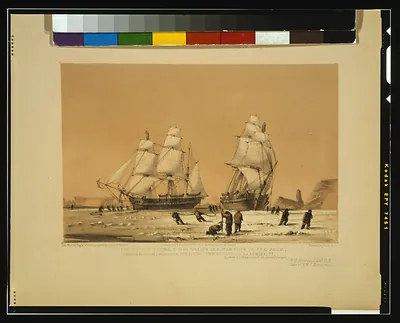Sailing ships warping through pack ice, lithograph print