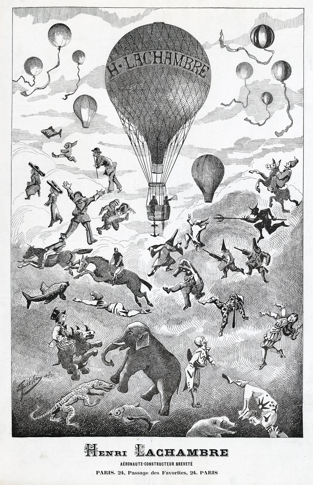 Henri Lachambre, aéronaute-constructeur breveté, balloon advertisement engraving — antique engraving