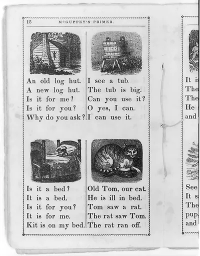 [McGuffey's Eclectic Primer (Cincinnati, 1849), showing log hut, washtub, bed, and cat]