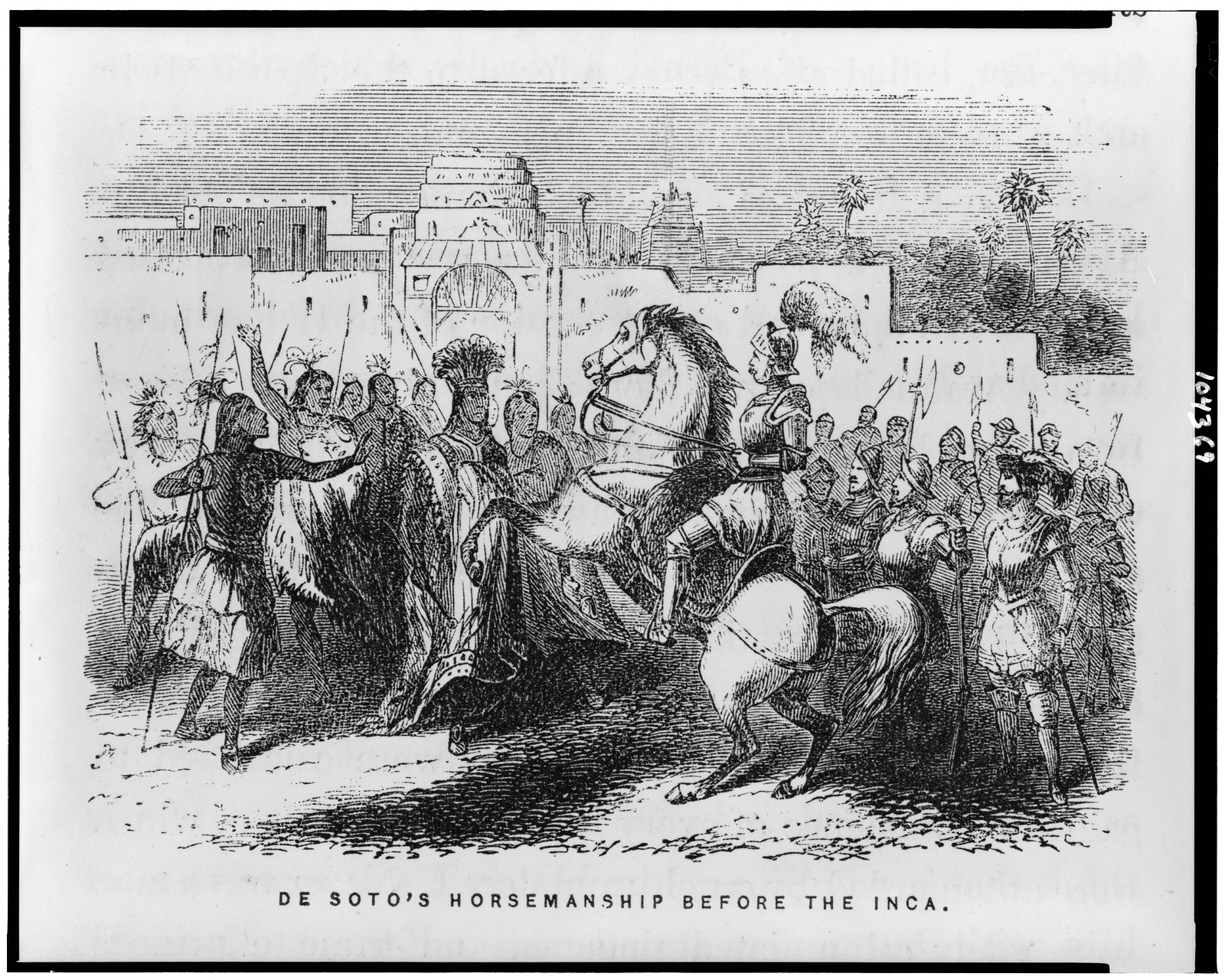 De Soto's horsemanship before the Inca, [published 1858] — antique engraving