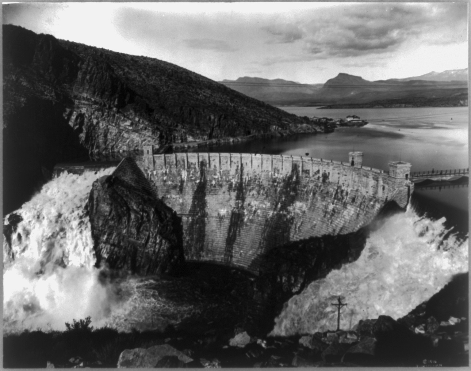 Aerial view of Roosevelt Dam and Roosevelt Lake, c1916 Mar. 18. — historic photograph