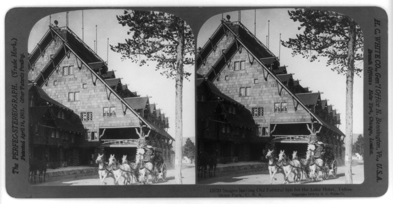 Stages leaving Old Faithful Inn for the Lake Hotel, Yellowstone Park, U.S.A., N. Bennington, Vt. : H.C. White Co., 1904. — historic photograph