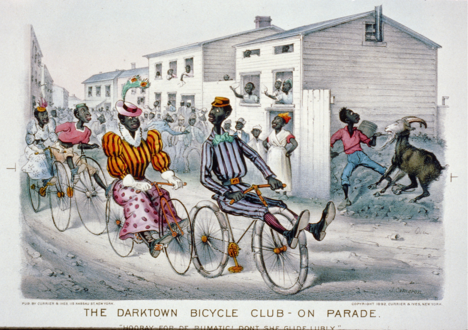 The darktown bicycle club - on parade: Hooray for de rumatic! Dont she glide lubly."", [New York] : Currier & Ives, 1892. — antique lithograph