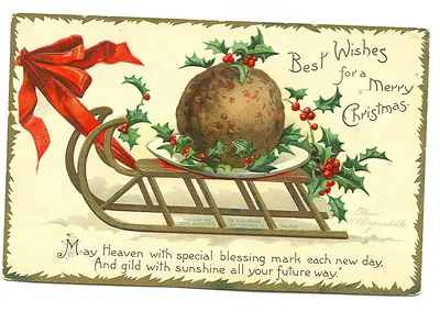 Best Wishes for a Merry Christmas postcard with pudding on sled
