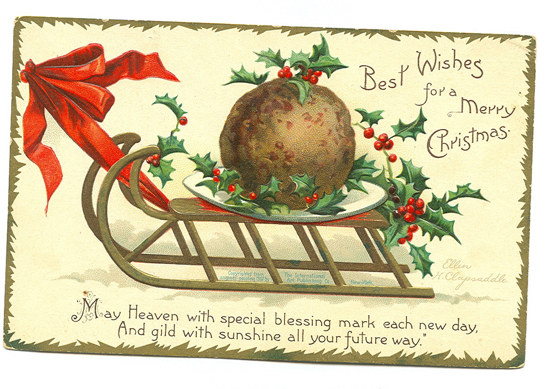 Best Wishes for a Merry Christmas postcard with pudding on sled — vintage postcard
