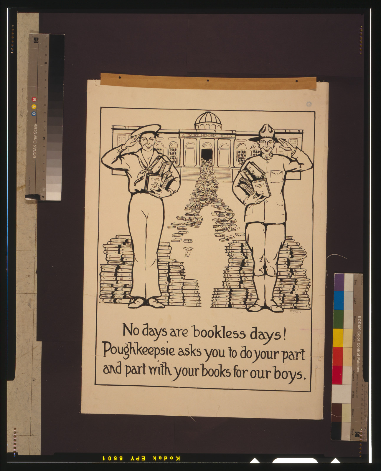 No days are bookless days! Poughkeepsie asks you to do your part and part with your books for our boys / F. R. Booth 1918., 1918 — vintage poster