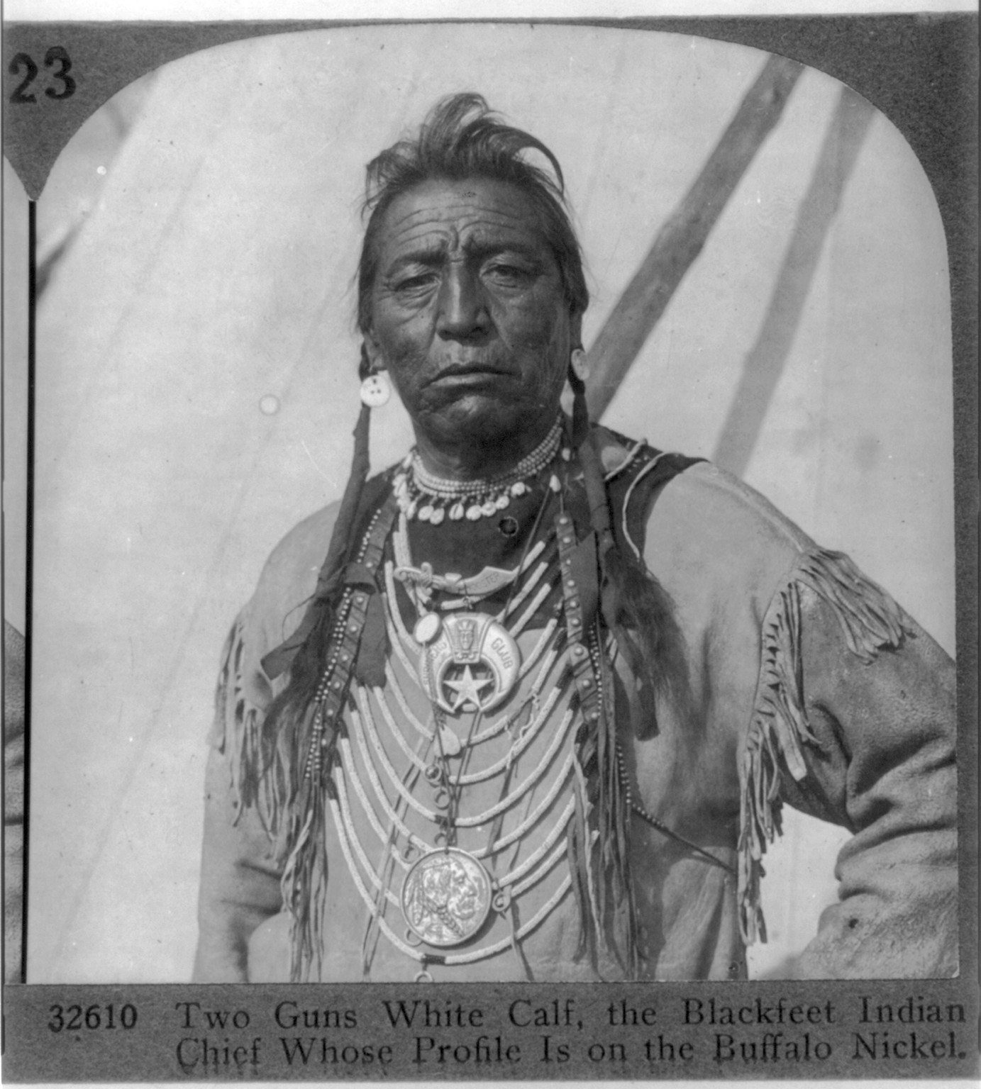 Two Guns White Calf, the Blackfeet Indian Chief whose profile is on the Buffalo nickel — historic photograph
