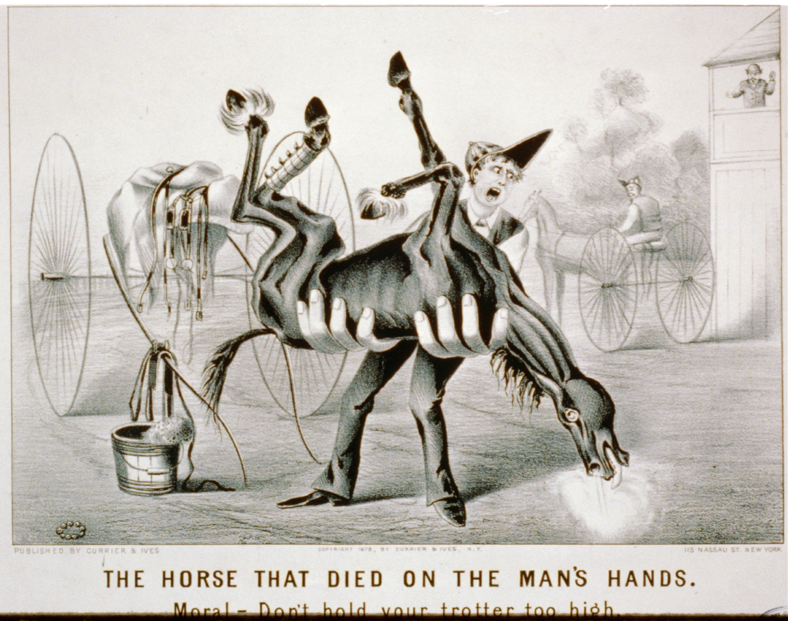The horse that died on the man's hands: moral--don't hold your trotter too high, New York : Published by Currier & Ives, c1878. — antique lithograph