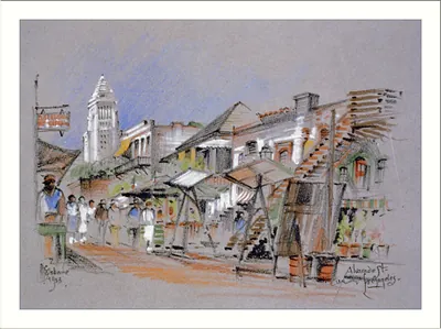 Alvarado Street, Los Angeles, pastel street scene, 1938