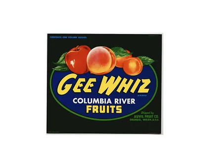 Gee Whiz Columbia River Fruits crate label with apples and peaches