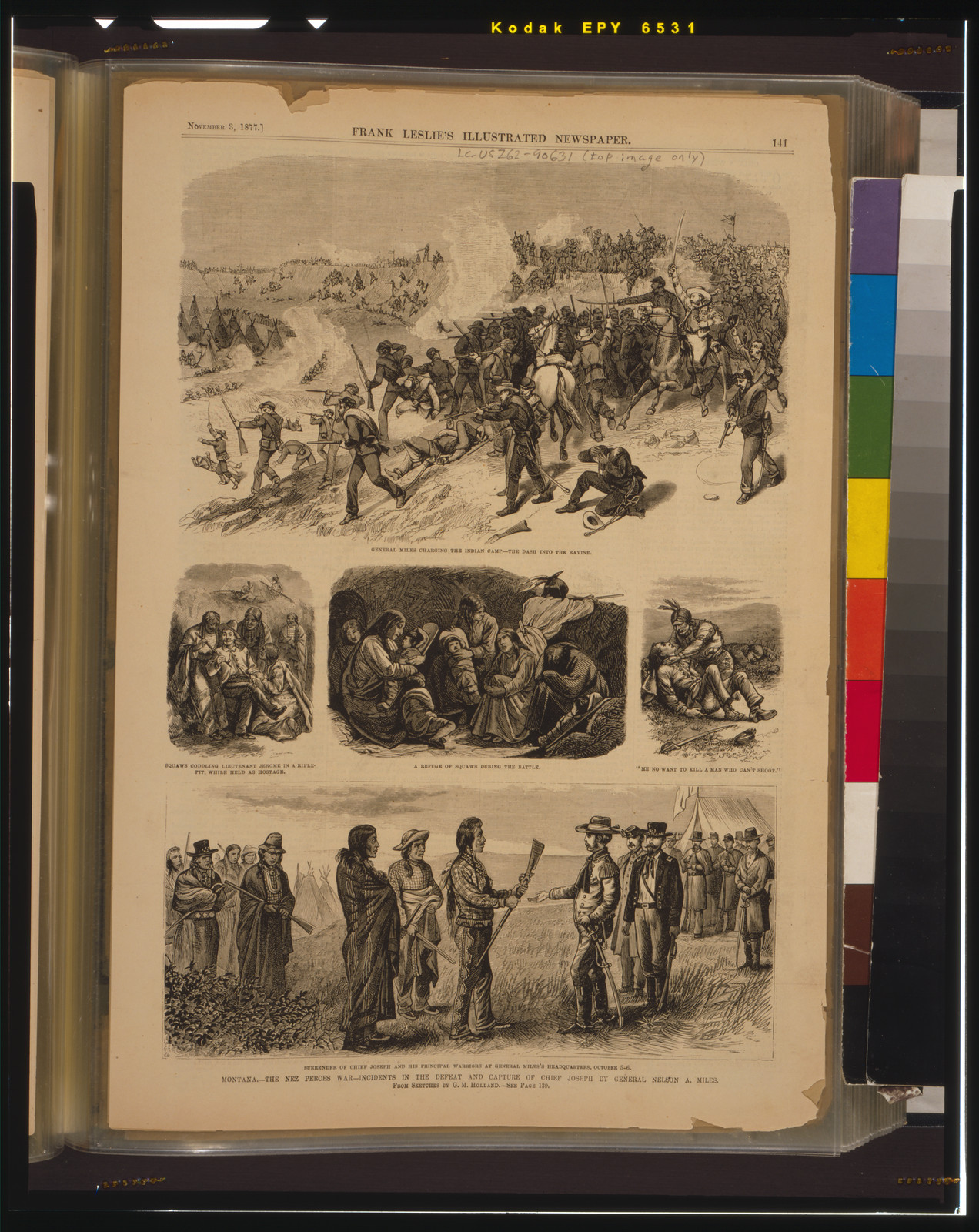 Montana - the Nez Perces War - Incidents in the defeat and capture of Chief Joseph by General Nelson A. Miles / from sketches by G.M. Holland., 1877 — antique engraving