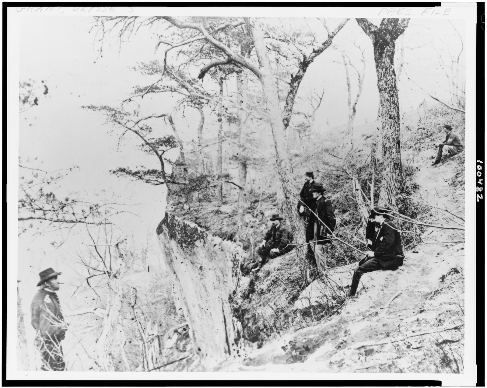 [General Ulysses S. Grant and five other men on Lookout Mountain, Tennessee], [1863, printed 1967] — historic photograph
