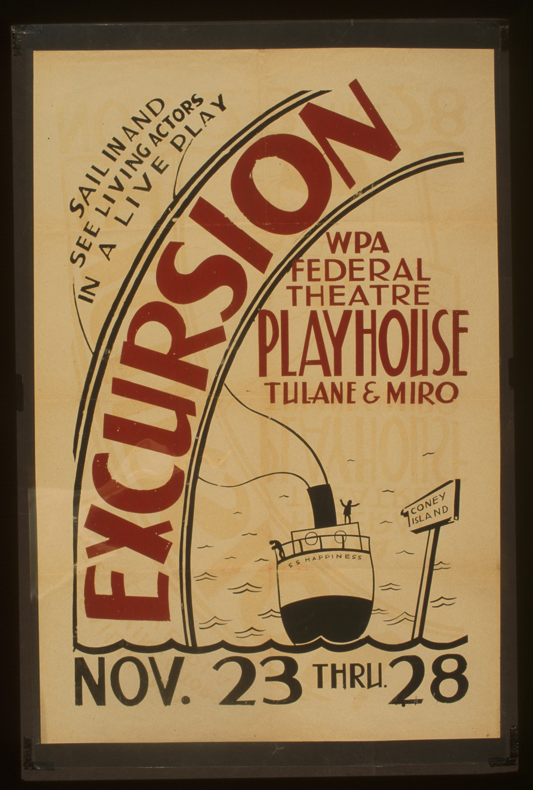 Excursion WPA Federal Theatre Playhouse Tulane & Miro Sail in and see living actors i, 1936 — vintage poster