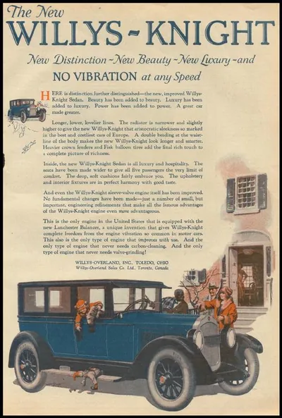 Willys-Knight automobile advertisement with blue sedan