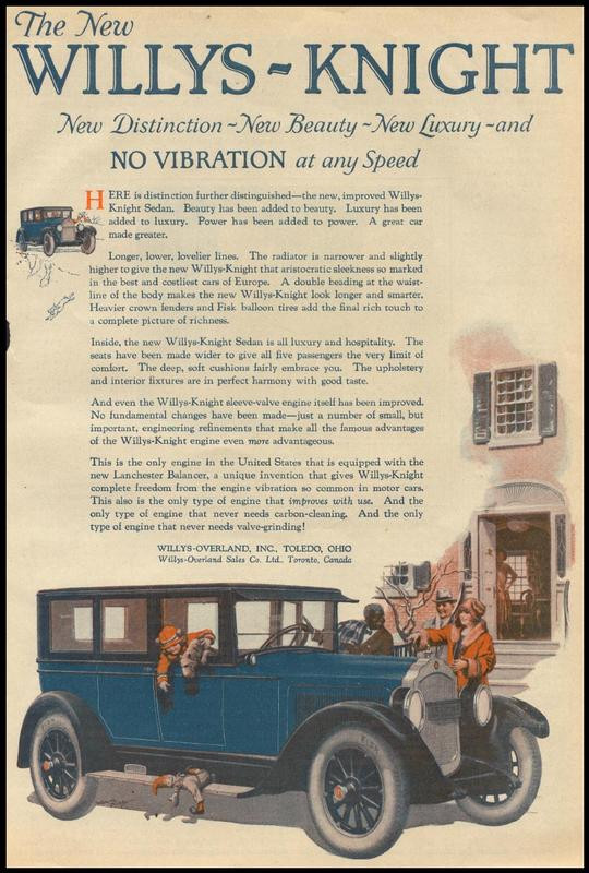 Willys-Knight automobile advertisement with blue sedan — historic image