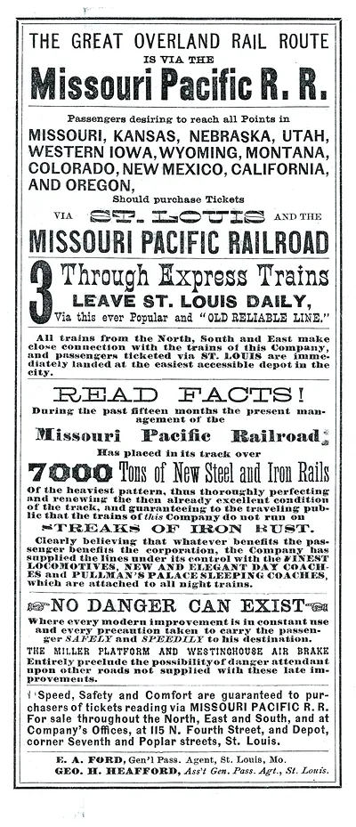 Missouri Pacific Railroad advertisement, Great Overland Rail Route