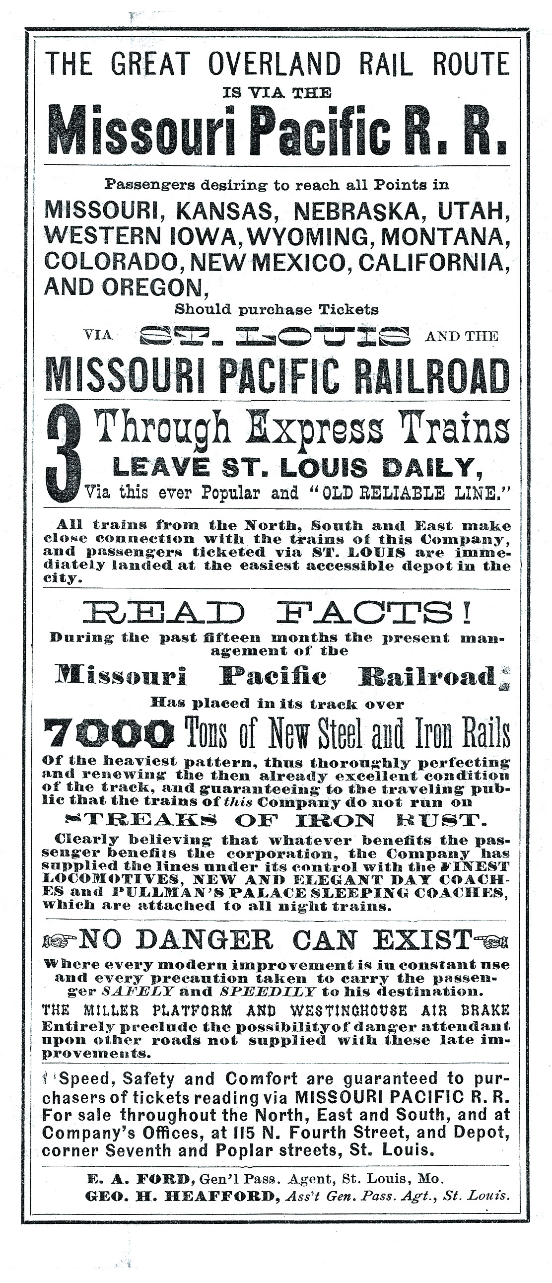 Missouri Pacific Railroad advertisement, Great Overland Rail Route — historic image