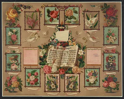 Family record chromolithograph with flowers and the Lord's Prayer